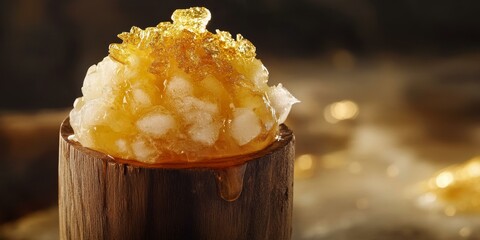 Honeycomb dripping honey on wooden stand.