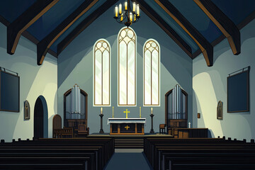 A serene interior of Catholic church with elegant architecture and soft lighting