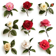 Wall Mural - A beautiful arrangement of colorful camellia flowers showcasing pink, red, and white petals with vibrant green leaves.