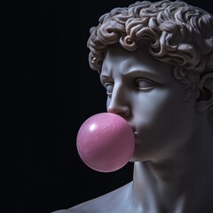 Poster - A classic sculpture with a modern twist. This image shows a marble statue of a young man blowing pink bubble gum. The contrast creates a playful yet elegant style.