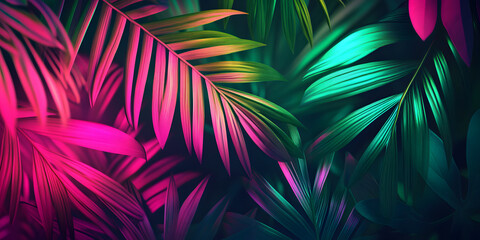 Wall Mural - Abstract creative neon pink and green background with tropical leaves