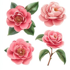 Wall Mural - A collection of beautiful pink flowers with detailed petals and vibrant green leaves, perfect for floral designs and decoration.