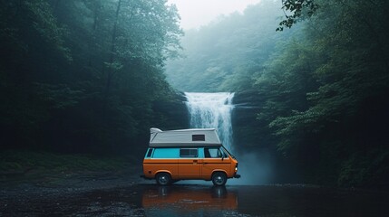 Wall Mural - Vintage camper van by a waterfall in a misty forest