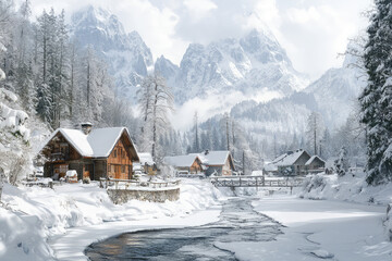 Wall Mural - A serene snowy mountain village with quaint houses and flowing river