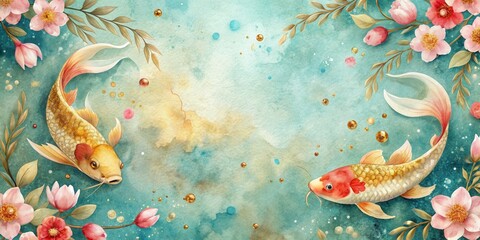 Watercolor background with koi fish, gold glitter, and petals in Japanese style, watercolor, oriental, Japanese