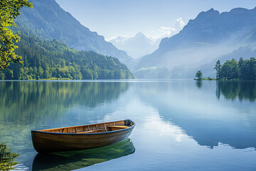 Wall Mural - A tranquil paradise scene with small boat floating on calm water, surrounded by mountains