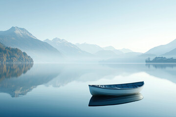 Wall Mural - A tranquil paradise scene with small boat floating on calm water