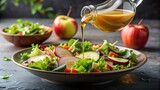 Apple cider vinegar salad dressing being poured over a fresh salad , healthy, organic, dressing, vinaigrette, homemade, condiment