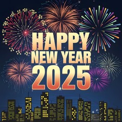 happy new year 2025 celebration greeting card with colorful confetti and reflection of the colors on