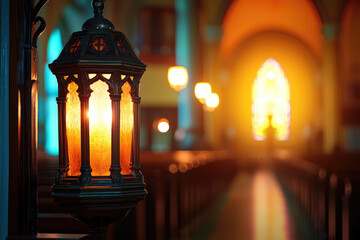 Wall Mural - A beautiful lantern illuminates serene interior of church, creating warm atmosphere