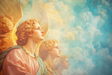 Wall Mural - A vibrant depiction of Archangel Gabriel in heavenly setting, showcasing beauty and serenity