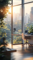 Poster - Office Desk with a View of the City and Trees.