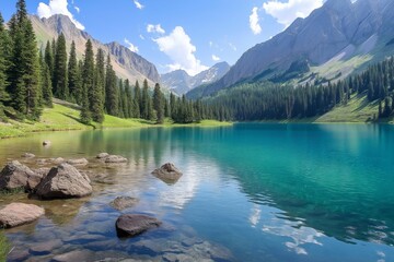 A beautiful lake surrounded by mountains with a clear blue sky. The lake is calm and peaceful, and the mountains in the background create a serene and tranquil atmosphere