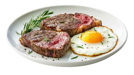 Delicious steak and egg dish featuring two juicy beef steaks and perfectly fried egg, garnished with fresh rosemary and black pepper, creating mouthwatering meal. 