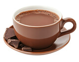 A rich cup of hot chocolate served in brown ceramic mug, accompanied by pieces of dark chocolate on matching saucer. This delightful treat evokes warmth and comfort. 