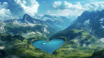 Wall Mural - Heart-shaped landscape featuring lake and mountain scenery picture