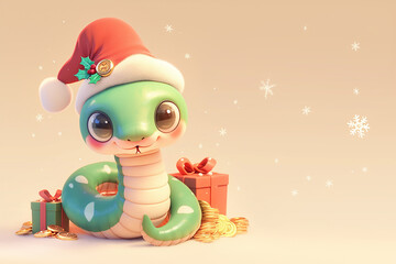 Poster - A green snake wearing a red hat and a white christmas hat. The snake is sitting on a pile of gold coins and a red box