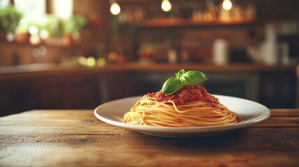 Wall Mural - A plate of spaghetti topped with sauce and basil, set in a warm kitchen environment.