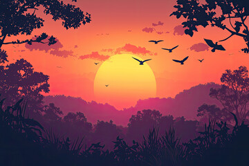 Wall Mural - A vibrant sunset over paradise landscape with silhouettes of trees and birds