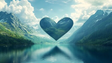 Sticker - Heart-shaped vista of lake surrounded by mountains image