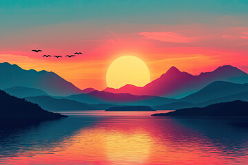 Wall Mural - A vibrant sunset over paradise landscape with silhouettes of mountains and birds