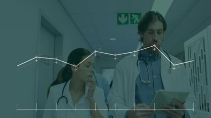 Poster - Animation of white diagrams over caucasian doctors walking and talking