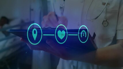 Poster - Animation of media icons over caucasian doctor writing on clipboard