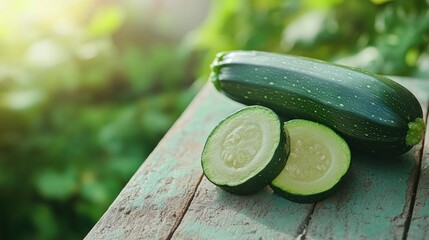 Canvas Print - A fresh zucchini sliced on a rustic wooden table, highlighting its vibrant color and texture.