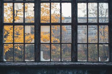 Wall Mural - Abandoned school with broken windows revealing autumn leaves outside