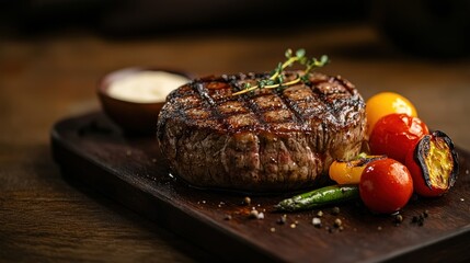 A delicious grilled steak served with colorful vegetables on a wooden board.