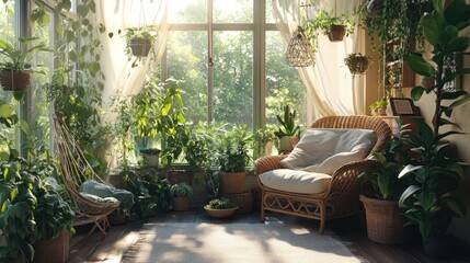 A bright sunroom featuring eco-friendly furniture and abundant indoor plants