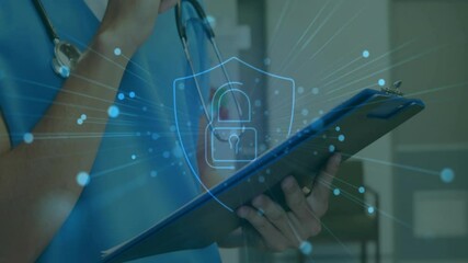 Poster - Animation of shield with padlock over caucasian doctor writing on clipboard