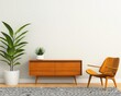 © Creator88 - A mid-century modern living room with a statement teak wood sideboard, retro patterned rug, and a vintage Eames chair, Photorealistic, Retro chic