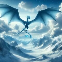 Wall Mural - an icy blue dragon with vast wings soars through a cloudy sky surrounded by snow-covered mountain to