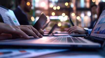 Poster - Hands Typing on Laptop with Blurred Background of Business People
