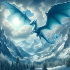 Wall Mural - an icy blue dragon with vast wings soars through a cloudy sky surrounded by snow-covered mountain to