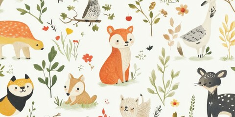 Sticker - Cute animals and flowers on a white background.