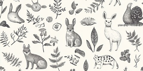 Wall Mural - Black and white illustration of animals and plants.