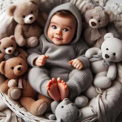 An adorable baby in a grey outfit, surrounded by a variety of teddy bears, evoking feelings of warmth, comfort, and the joy of a playful and innocent childhood.