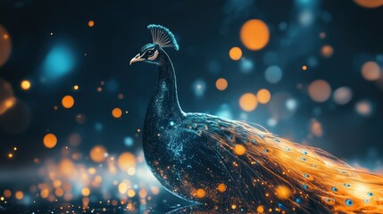 Wall Mural - A vibrant peacock with an illuminated background of colorful bokeh lights.