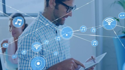 Poster - Animation of network of connections with icons over caucasian business people using tablet