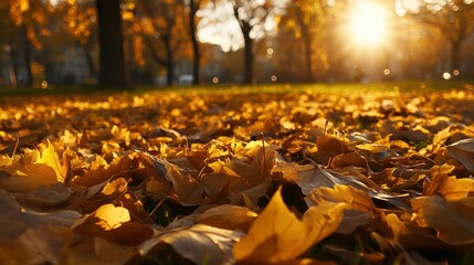 Wall Mural - A serene autumn scene with golden leaves scattered on the ground, illuminated by sunlight.