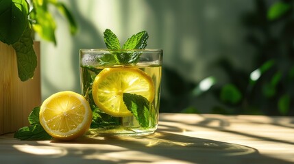 A refreshing lemon and mint drink in a glass, highlighting summer vibes and hydration.