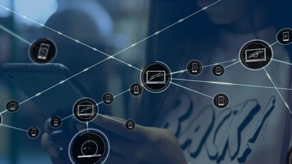 Poster - Animation of network of connections with icons over biracial businesswoman using smartphone