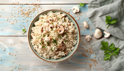 Wall Mural - Bowl with tasty brown rice and mushrooms on color wooden table