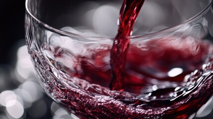 Wall Mural - A close-up of red wine being poured into a glass, highlighting its rich color and texture.