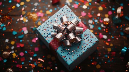 Poster - A beautifully wrapped gift box adorned with colorful confetti and ribbons.