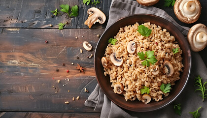 Wall Mural - Bowl with tasty brown rice and mushrooms on color wooden table