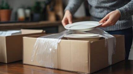 A person is holding a plate and putting it in a box