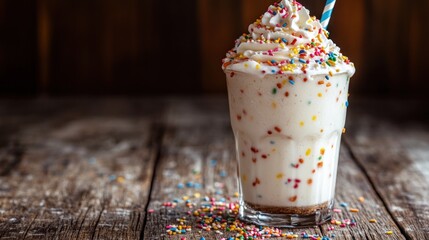 Poster - A delicious milkshake topped with whipped cream and colorful sprinkles in a glass.